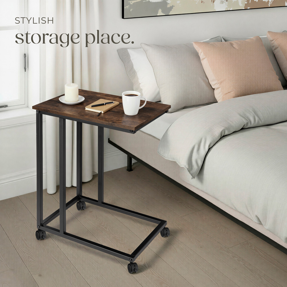 Tectake Luton C-Shape Rustic Dark Wood Bedside Table with Swivel Castors Image 8