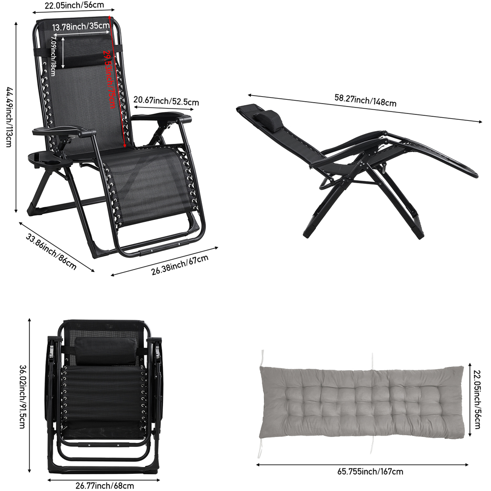 Living and Home Grey Padded Zero Gravity Folding Outdoor Recliner Chair with Side Tray Image 9