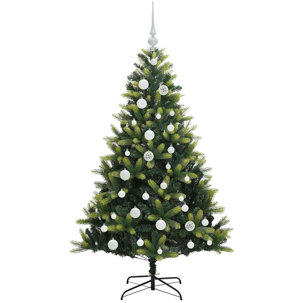 vidaXL Pre-Lit White Baubles Green Artificial Hinged Christmas Tree 4ft Image 4