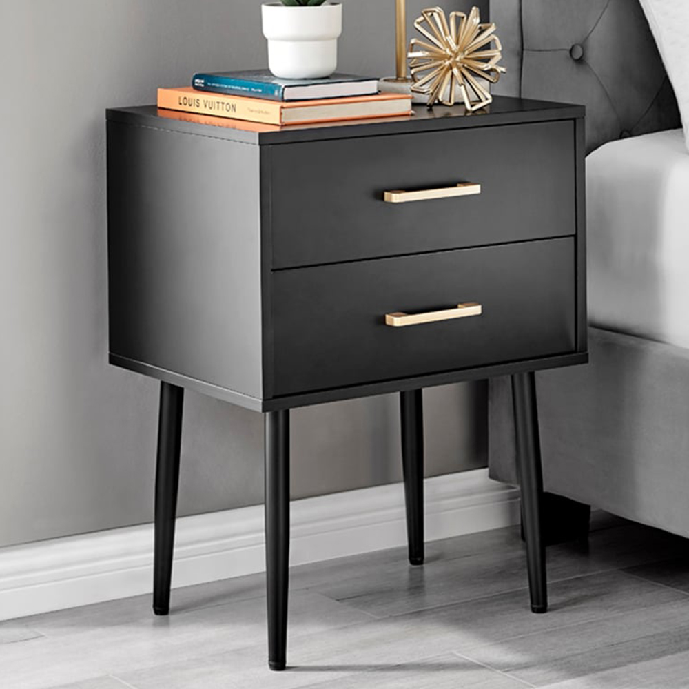 Furniturebox Tyler 2 Drawer Black and Silver Small Bedside Table Image 1