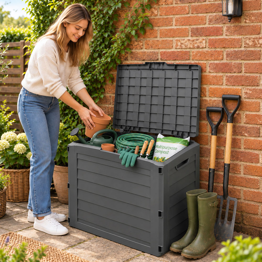 Neo 140L Dark Grey Wood-Effect Lockable Weather-Resistant Garden Storage Box Image 2