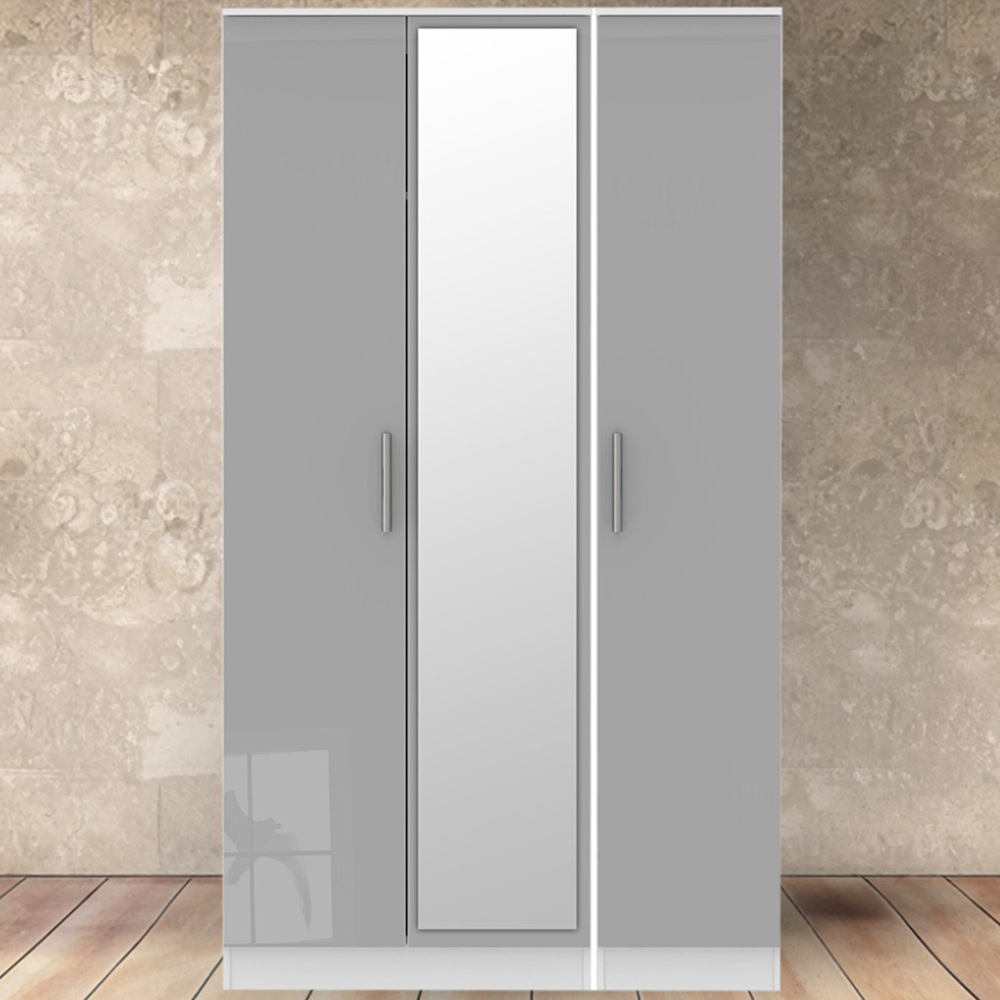 Crowndale Contrast Ready Assembled 3 Door Grey Gloss and White Matt Tall Mirrored Wardrobe Image 1