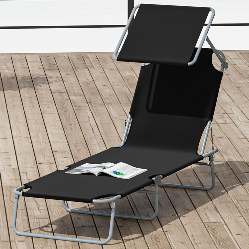 Outsunny Black Foldable Sun Lounger with Sunshade Awning Image 1