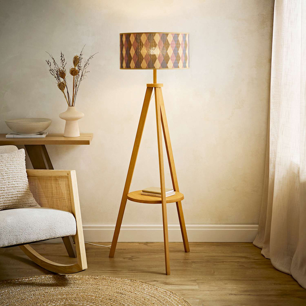ValueLights Morrigan Mid Wood Tripod Floor Lamp with Diamond Bamboo Shade and Bulb Image 5