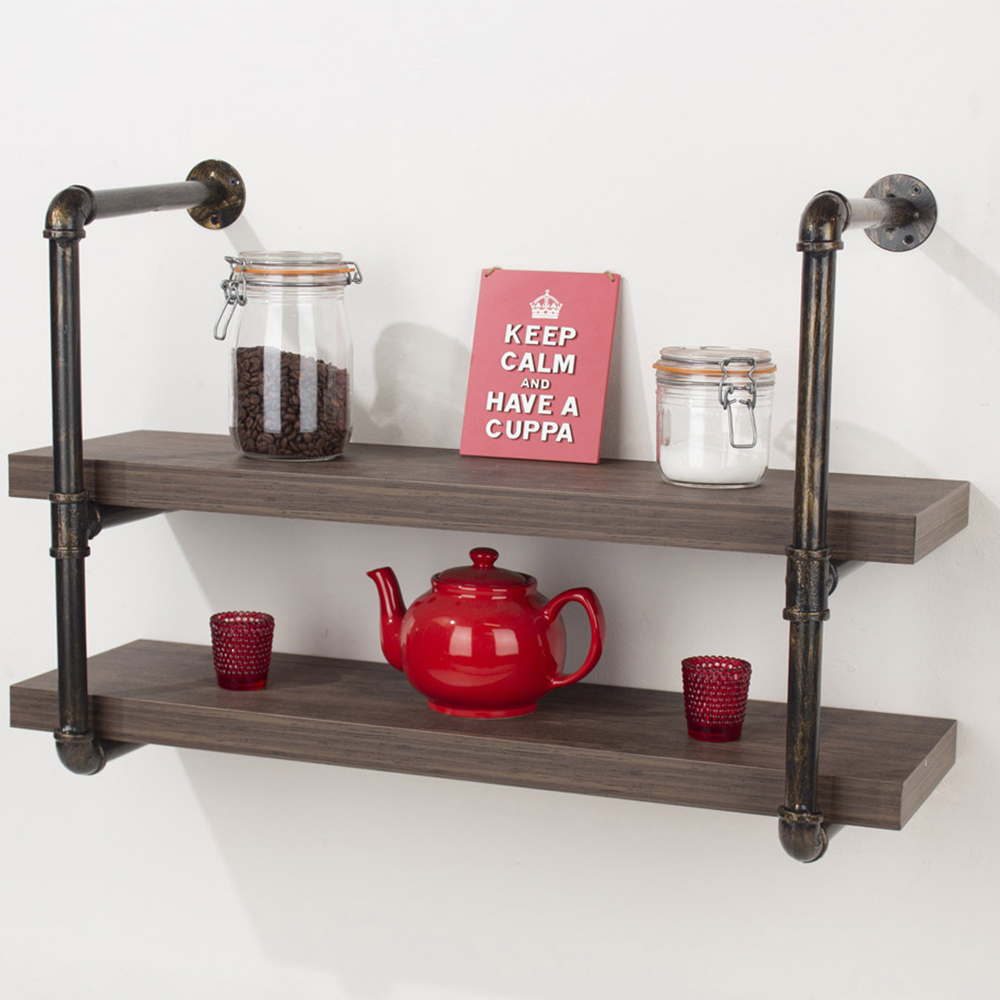 Core Products Loft 60cm Dark Oak Wood Double Wall Shelf with Pipe Brackets Image 1