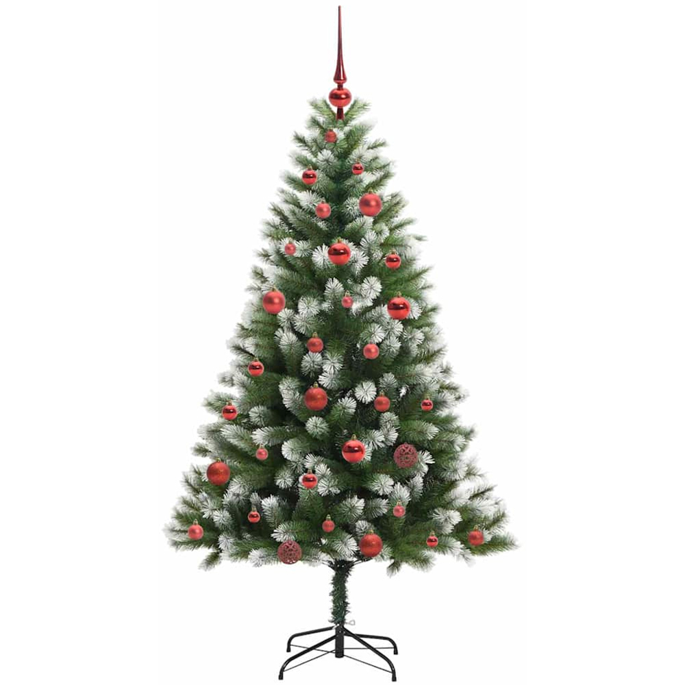 vidaXL Pre-Lit Red Baubles Green Artificial Snow Tipped Hinged Christmas Tree 5ft Image 4