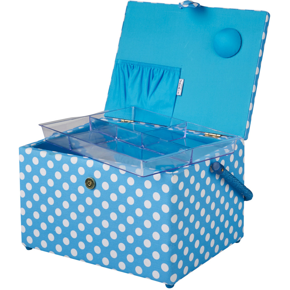 Sewing Online Duck Egg Blue Polka Dot Large Sewing Basket with Carry Handle Image 2