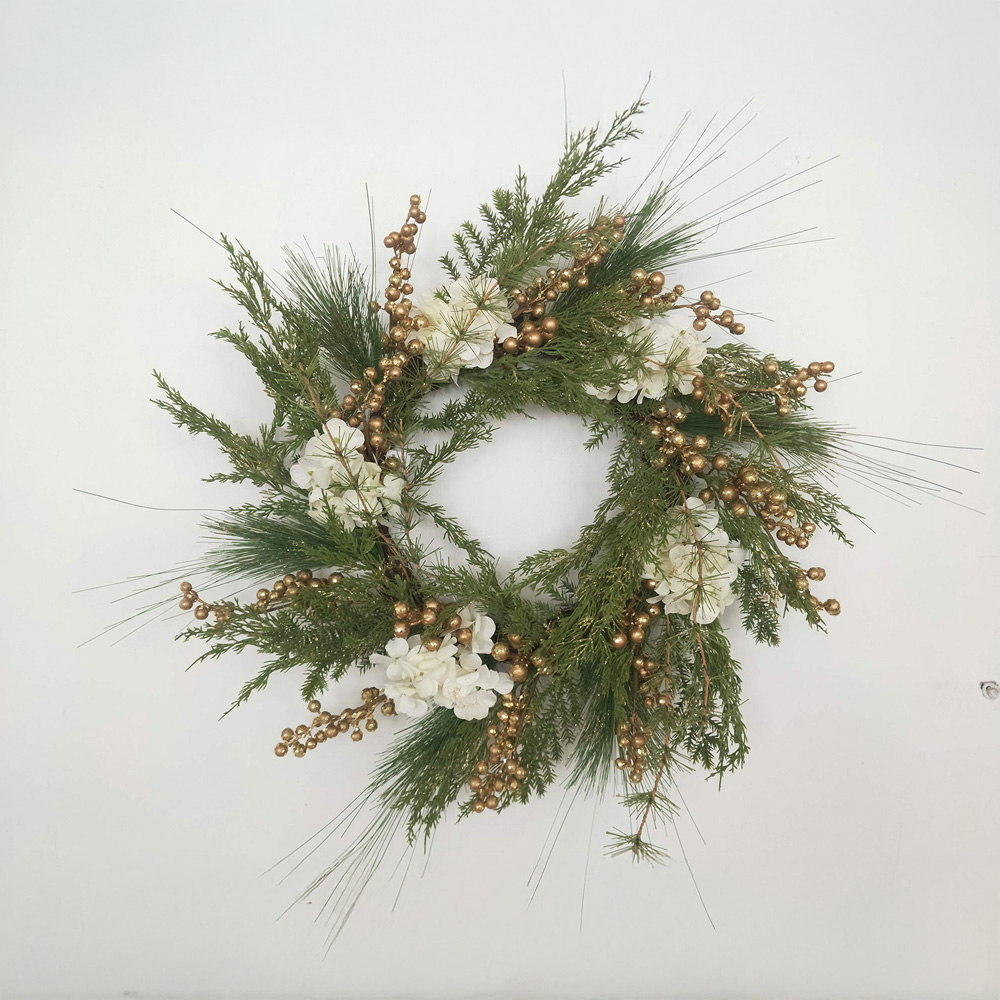 Shatchi Golden Berries and White Hydrangea Flowers Artificial Wreath 55cm Image 2