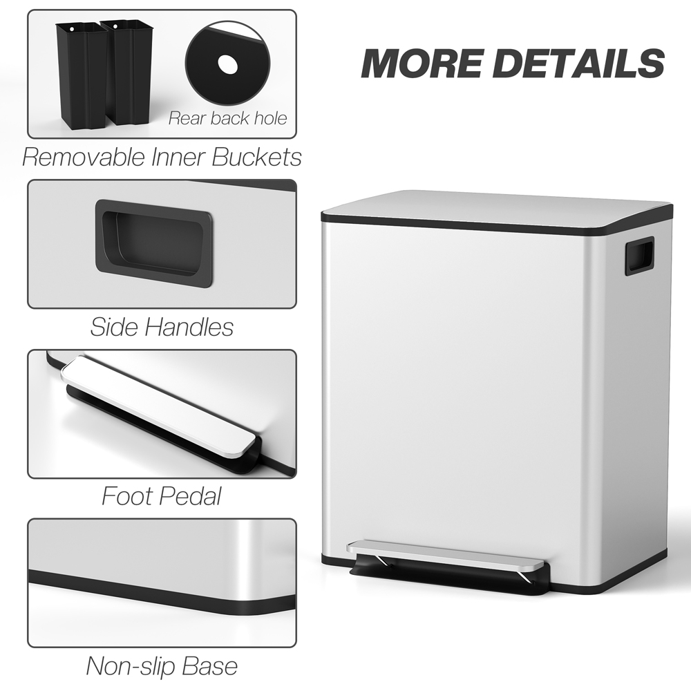 HOMCOM Silver Stainless Steel Double Pedal Bin with Soft-Close Lid 50L Image 7