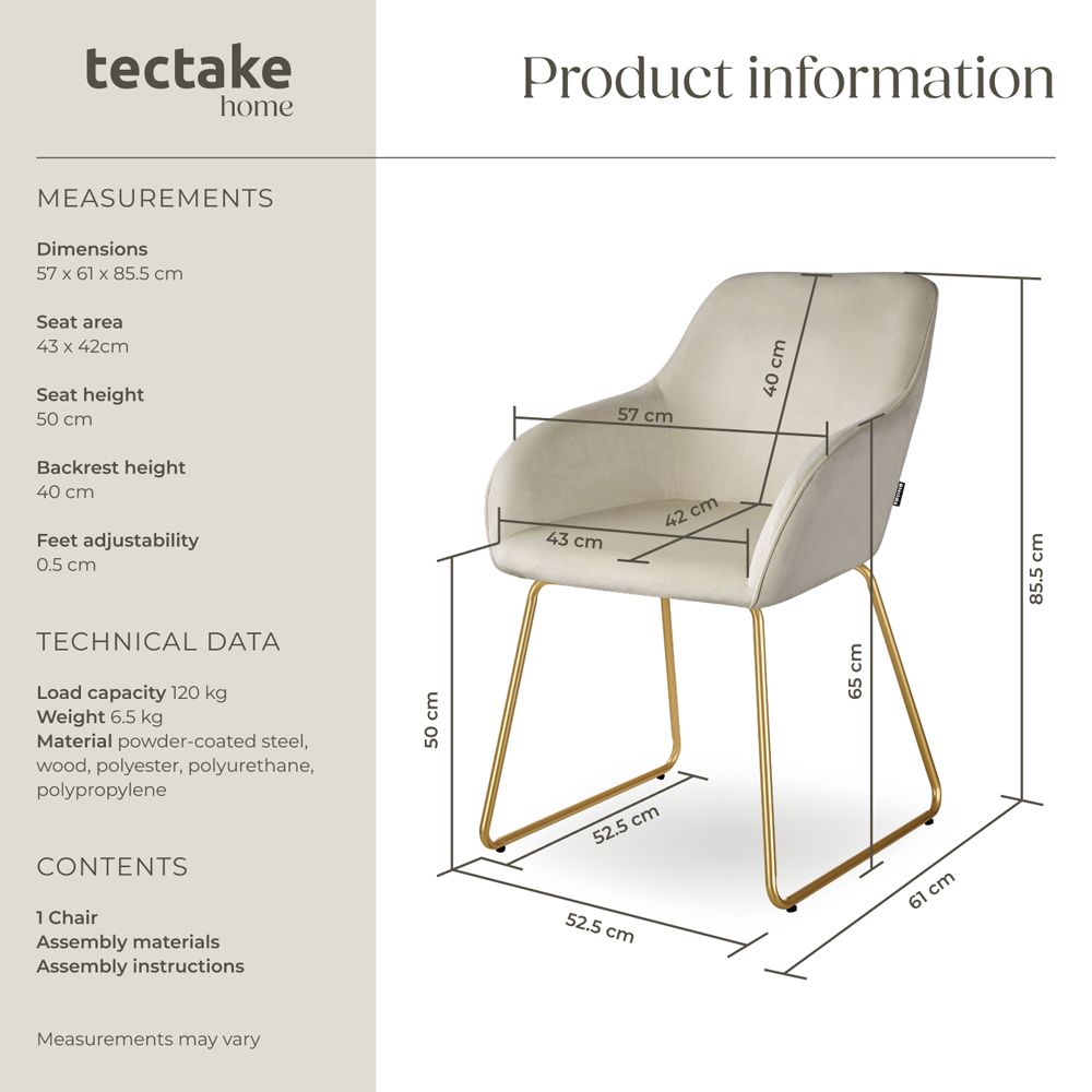 tectake Jeane Cream and Gold Velvet Look Dining Chair Image 9