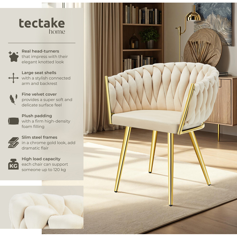 tectake Astano Set of 4 Sand and Gold Velvet Padded Knot Design Dining Chair Image 6