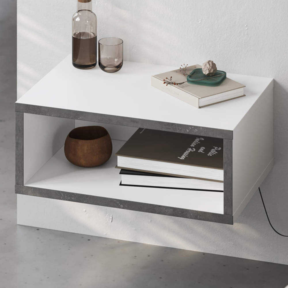 Decortie Brik Single Shelf White Wall Mounted Bedside Table with Night Light Image 1