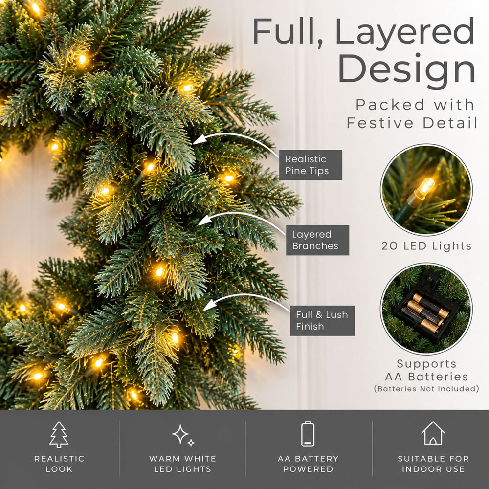 Neo Warm White LED Pre-Lit Artificial Fir Christmas Wreath 50cm Image 5