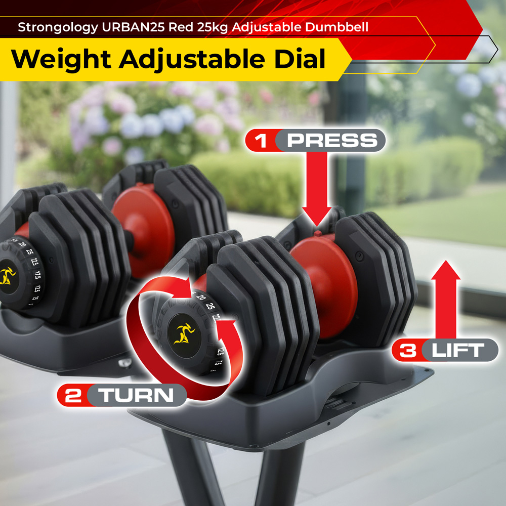 Strongology Urban25 Home Fitness Black and Red Adjustable Dumbbells 2.5kg to 25kg 2 Pack Image 2