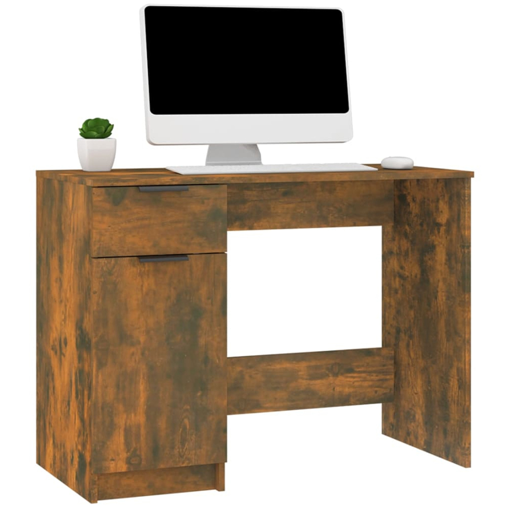 vidaXL Single Door Single Drawer Computer Desk Smoked Oak Image 3