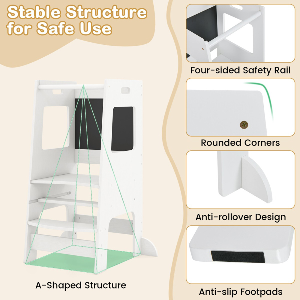 Costway White Adjustable Toddler Kitchen Step Stool with Activity Chalkboard Image 7