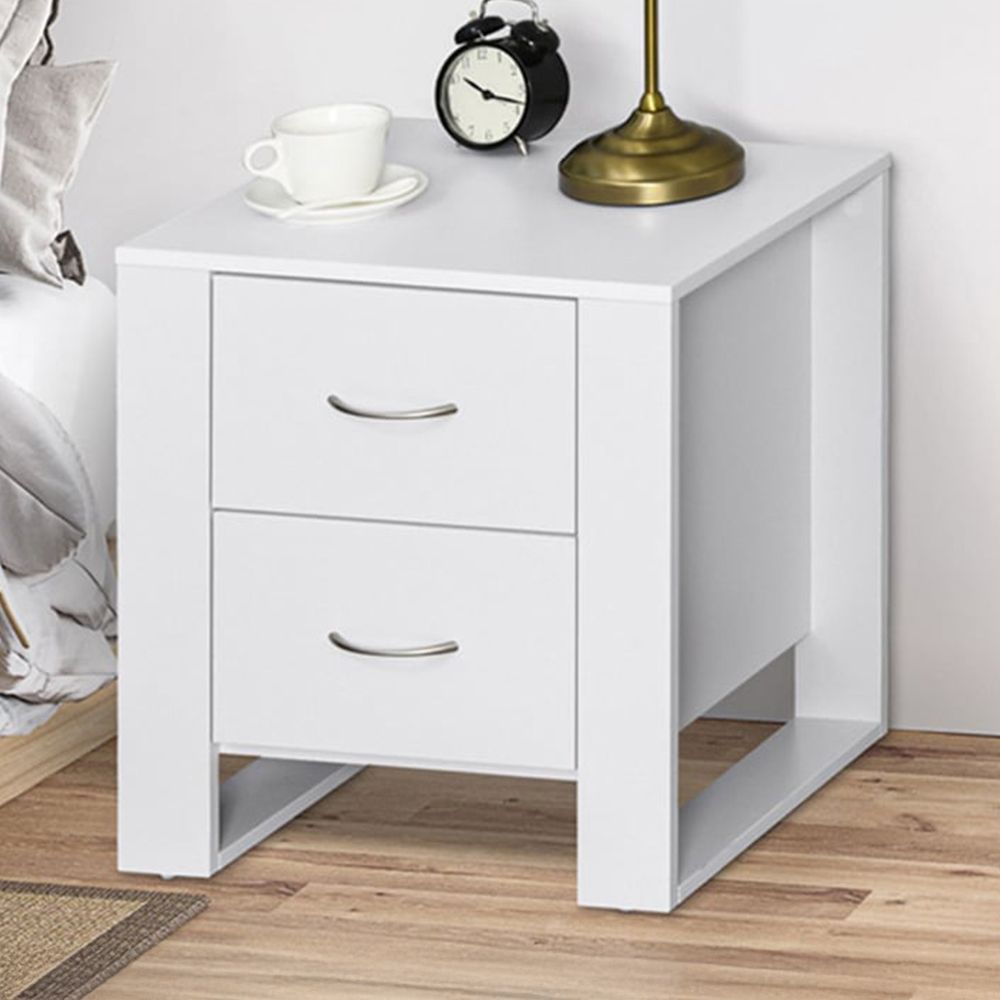 Portland 2 Drawer White Modern Boxy Bedside Table Image 1