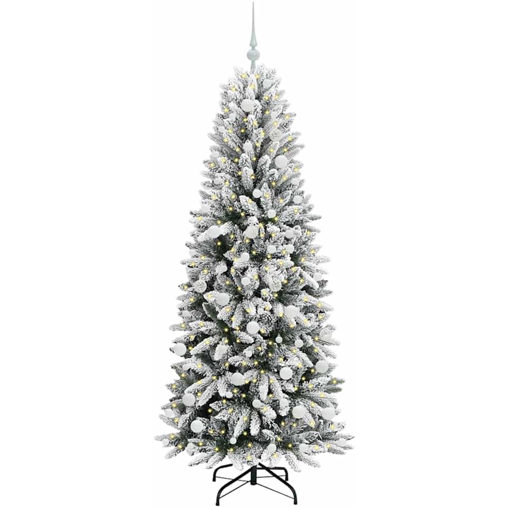 vidaXL Pre-Lit White Baubles Artificial Snow Flocked Christmas Tree 6ft Image 1
