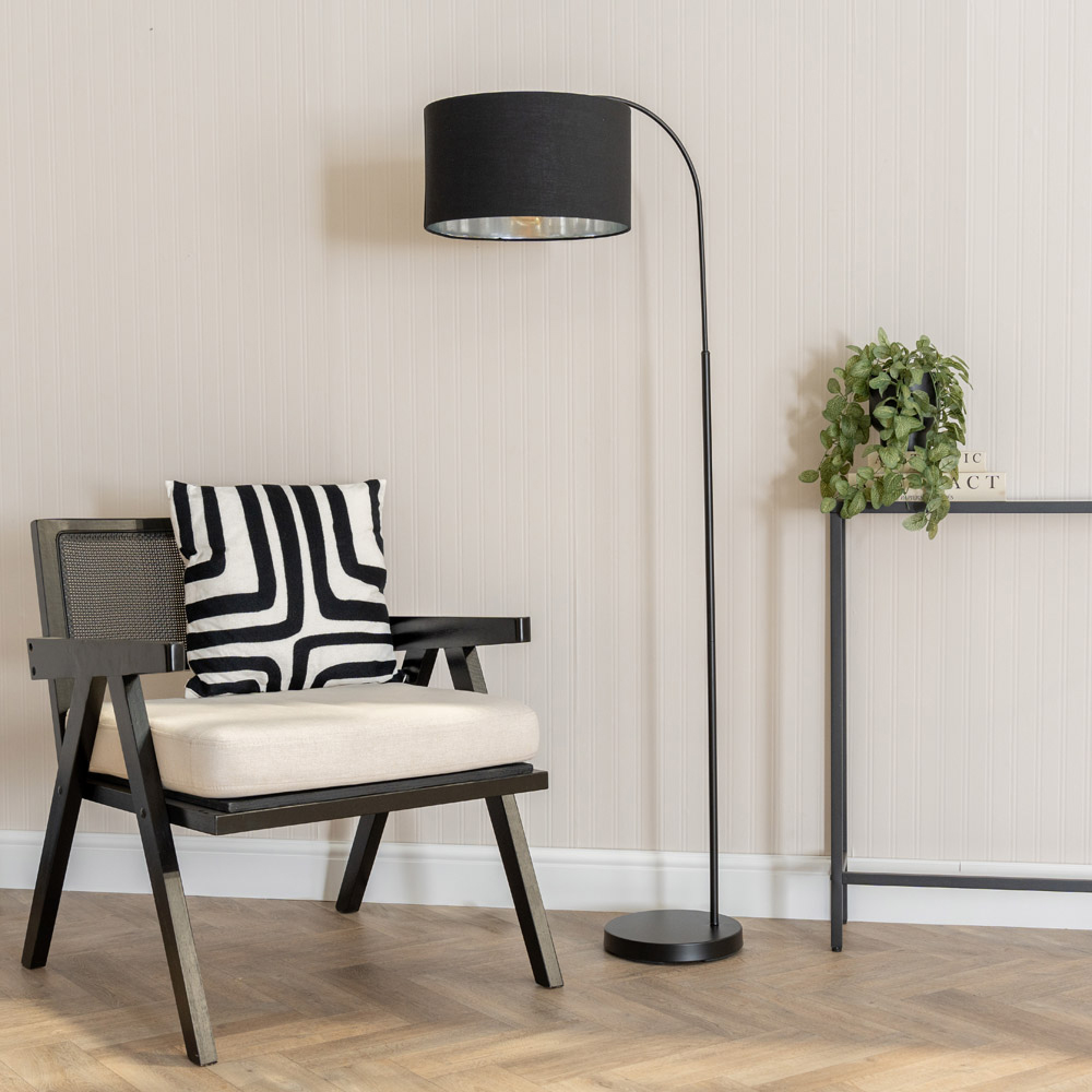 ValueLights Curva Black Velvet Drum Shade Black Arched Floor Lamp Image 2