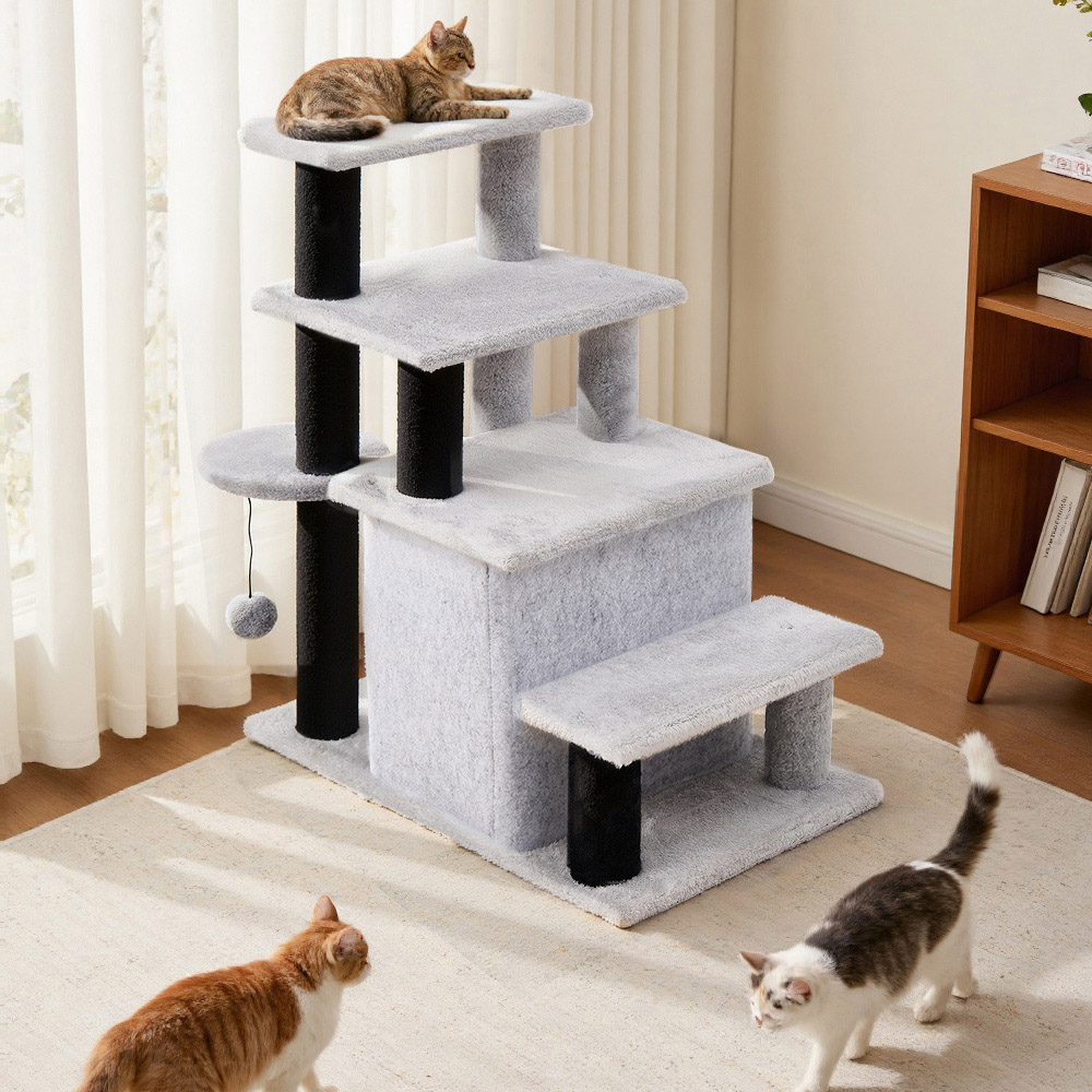 H&O Direct 4 Tier Pet Stairs with Soft Flannel Fabric and Hanging Ball Image 2