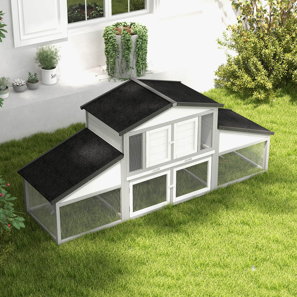 PawHut Grey Wooden Pet Hutch with Large Run Image 2