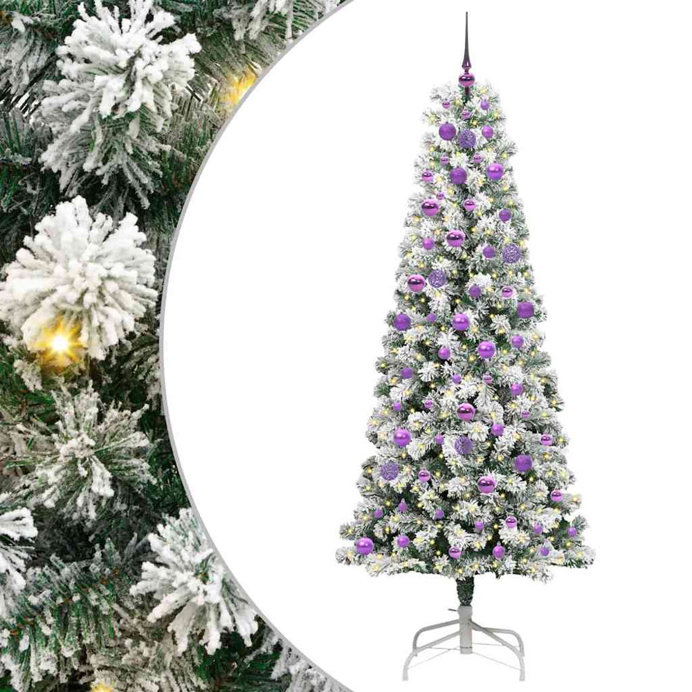 vidaXL Pre-Lit Warm White LED and Lilac Baubles Snow Flocked Artificial Christmas Tree 7ft Image 2