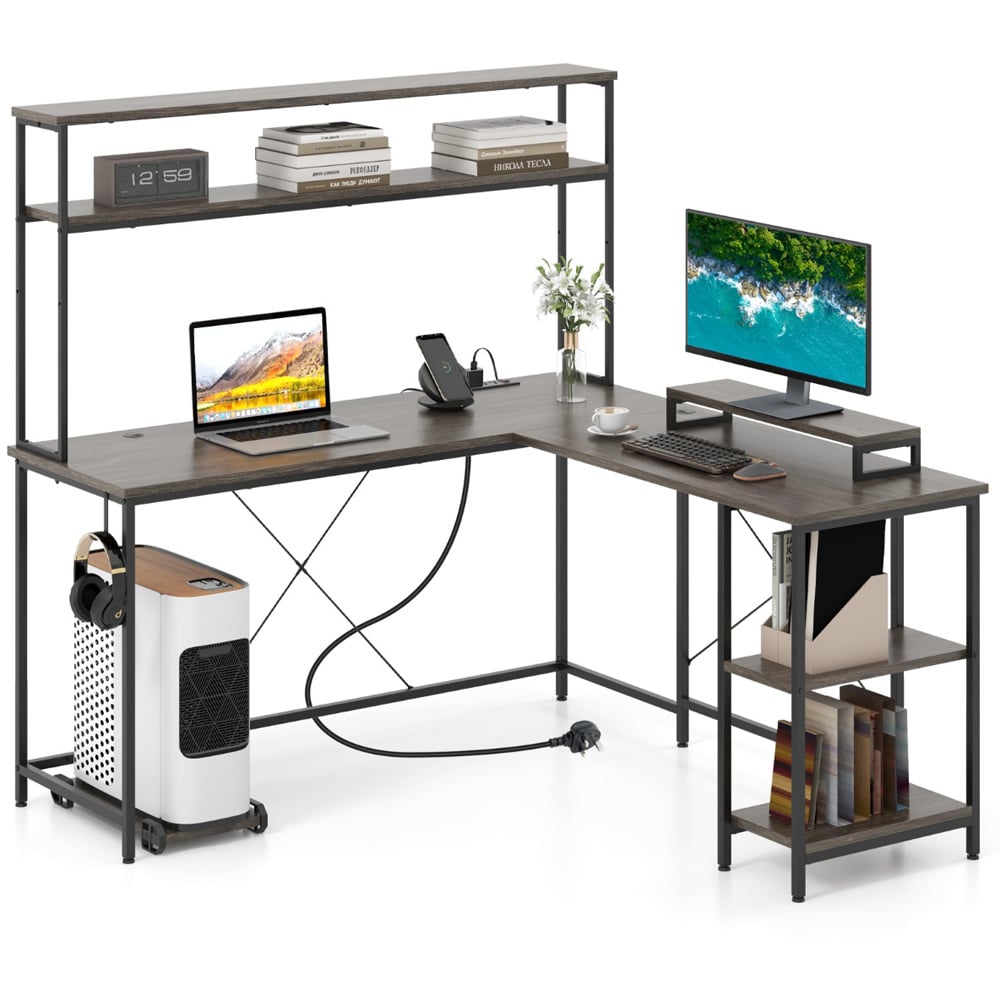 Costway L Shaped Computer Desk with LED Strip and Power Outlets Grey Image 2
