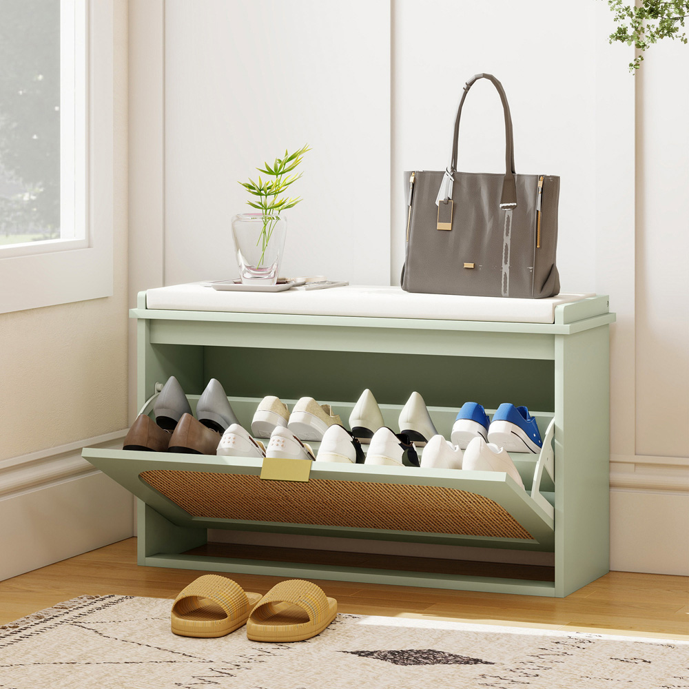 HOMCOM Single Flip Down Drawer Light Green Boho Rattan Shoe Rack Bench Image 4