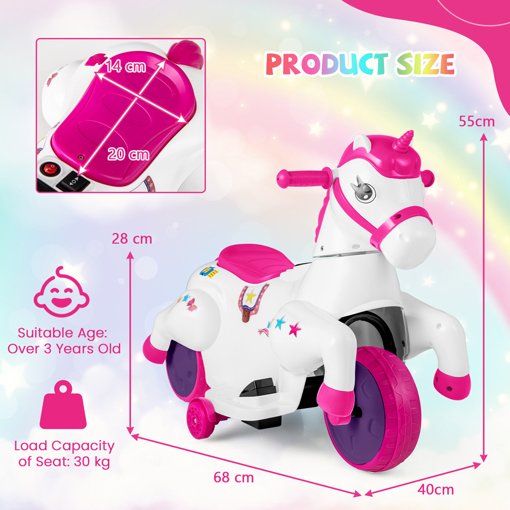 Costway Kids Rose Red and White Unicorn Ride On Toy with Training Wheels 12V Image 8