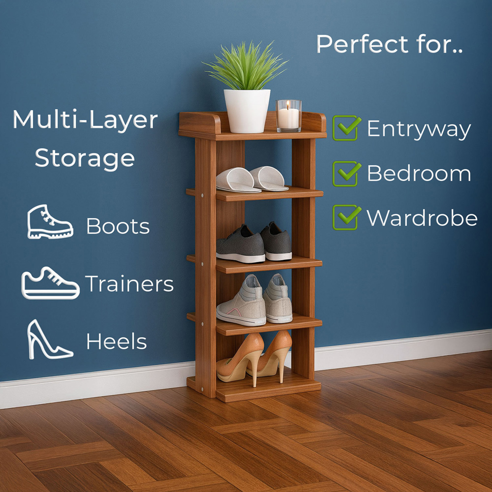 Neo 5 Shelf Walnut Wooden Shoe Rack Image 4