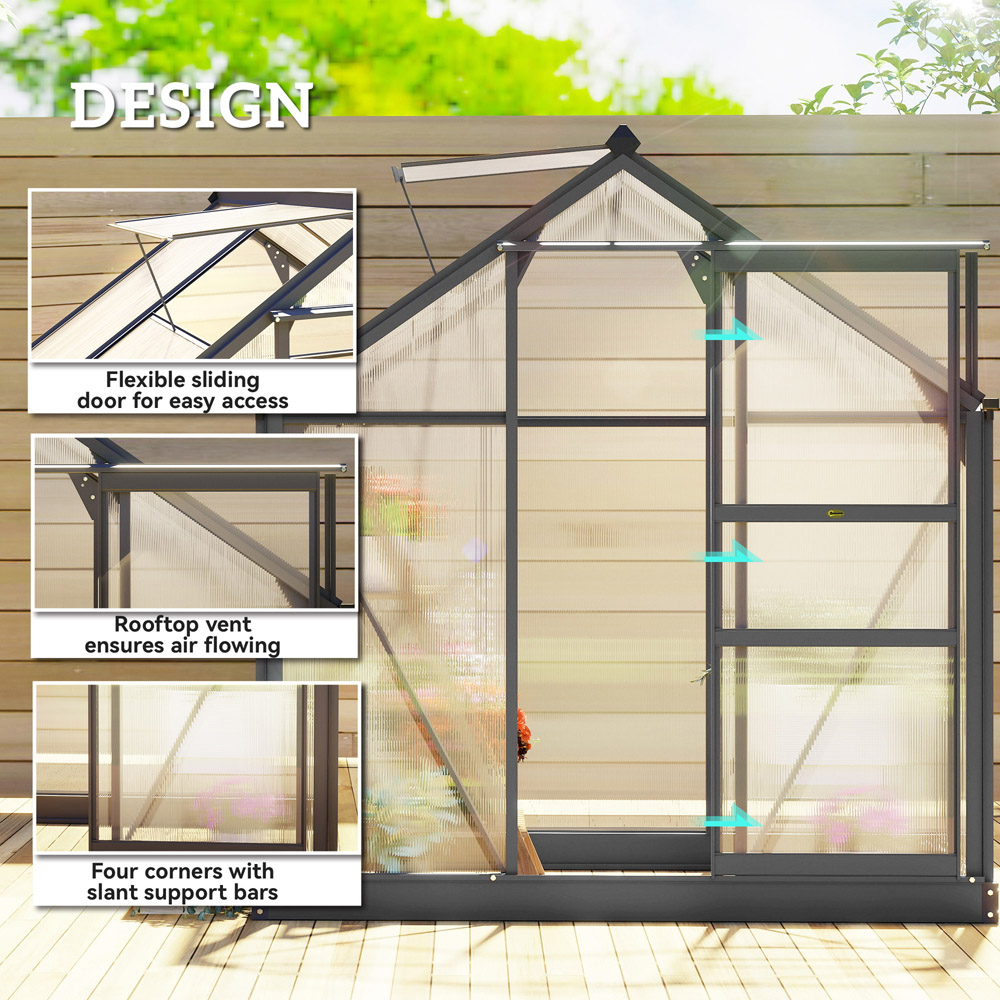 Outsunny 6 x 4ft Black Galvanised Aluminium Polycarbonate Walk In Greenhouse Image 7