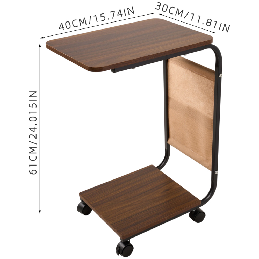 Living and Home Dark Walnut and Black C-Shape Side Table with Lockable Castors Image 8