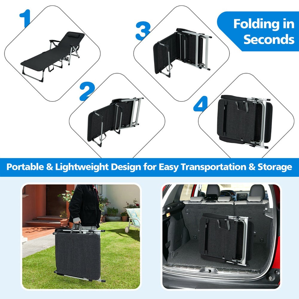 Costway Black Foldable Outdoor Chaise Lounger with Detachable Pillow Image 8