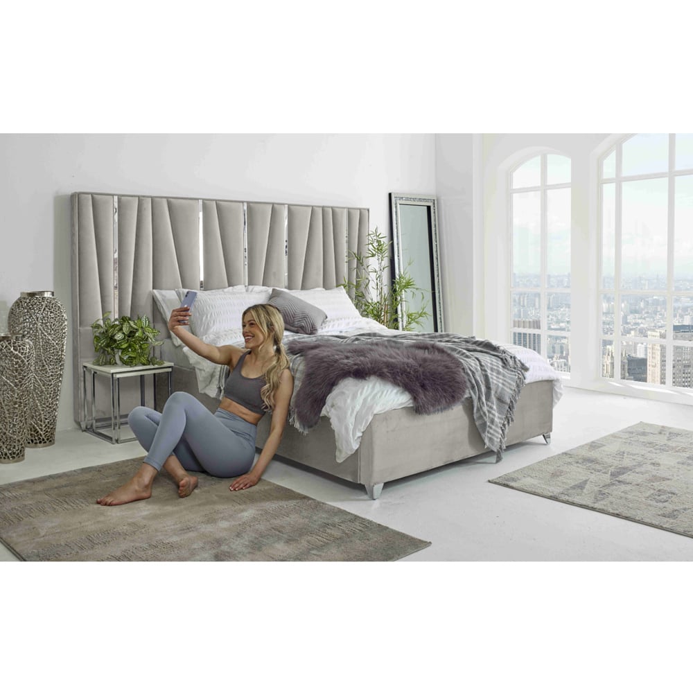 Eleganza Mila Small Double Silver Plush Velvet Bed Frame with Lined Headboard Image 8