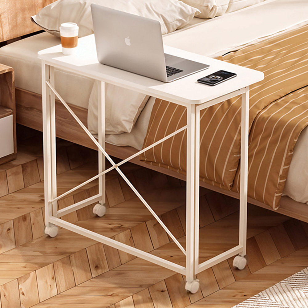 Living and Home Metal Frame Foldable Office Desk with Lockable Casters Cream White Image 1