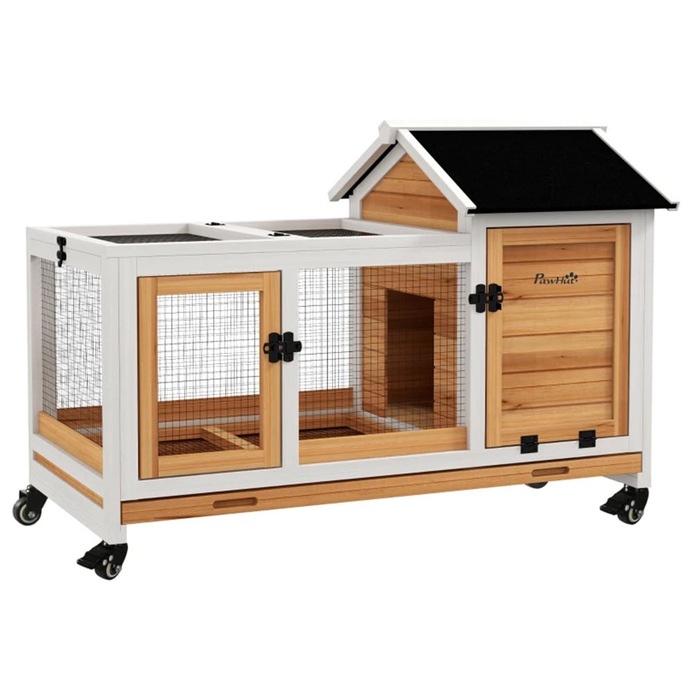 PawHut Wooden Pet Rabbit Hutch Yellow Image 2