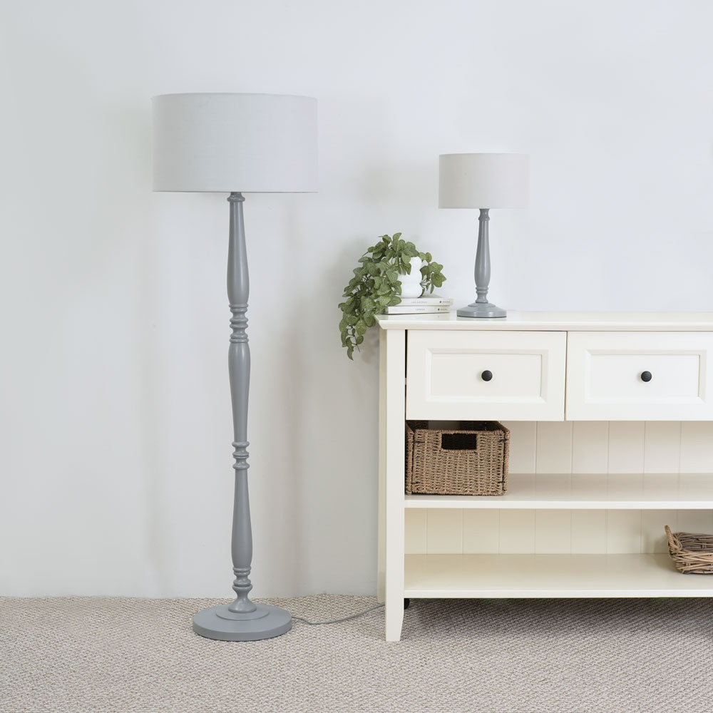 ValueLights Victoria Grey Fabric Drum Shade Grey Wood Traditional Stem LED Table Lamp Image 5