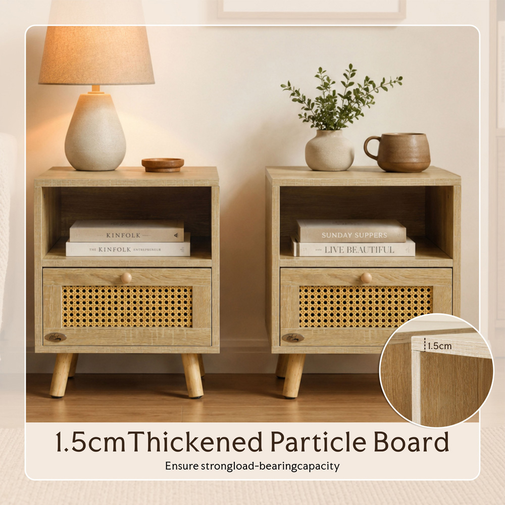 Abrihome Single Drawer Single Shelf Natural Wooden Rattan Nightstand Set of 2 Image 7
