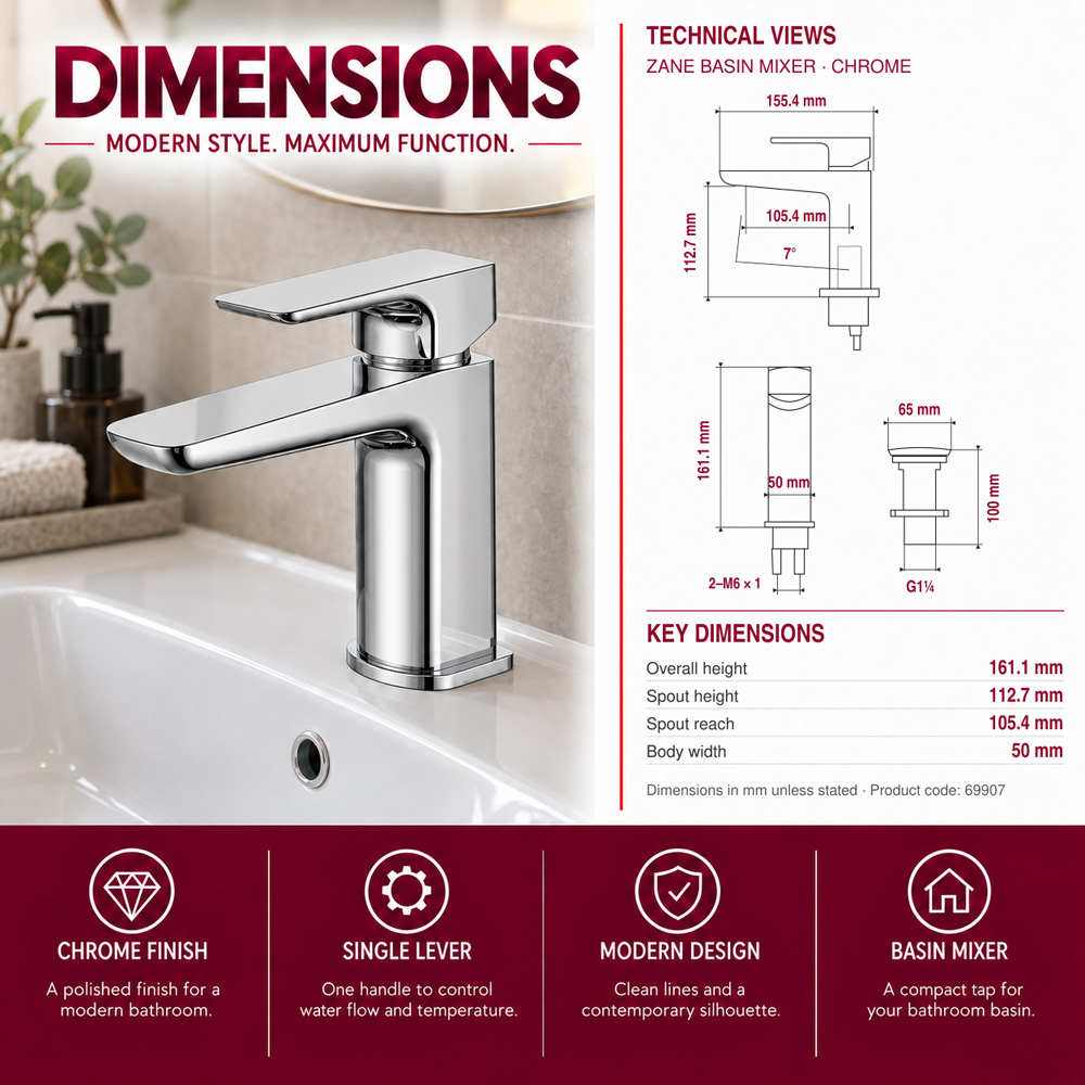 Go Bathrooms Dara Chrome Mono Basin Mixer Tap with Pop-Up Waste Image 4