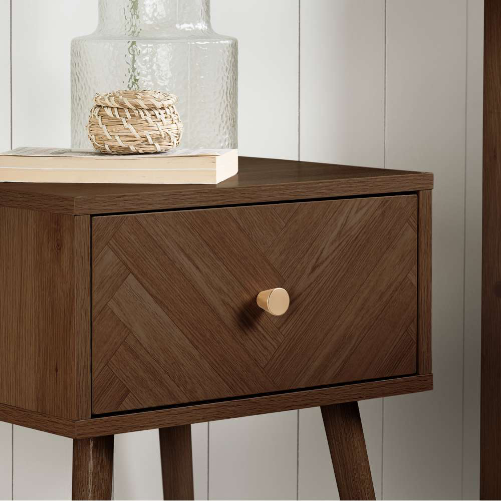 Herringford Single Drawer Walnut Chevron Bedside Table Image 5