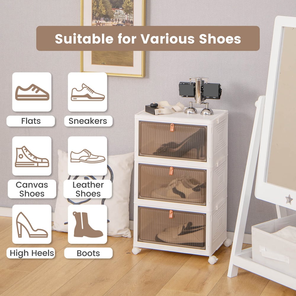 Costway 3 Flip Down Door White Stackable Shoe Storage Box with Lockable Wheels Image 6