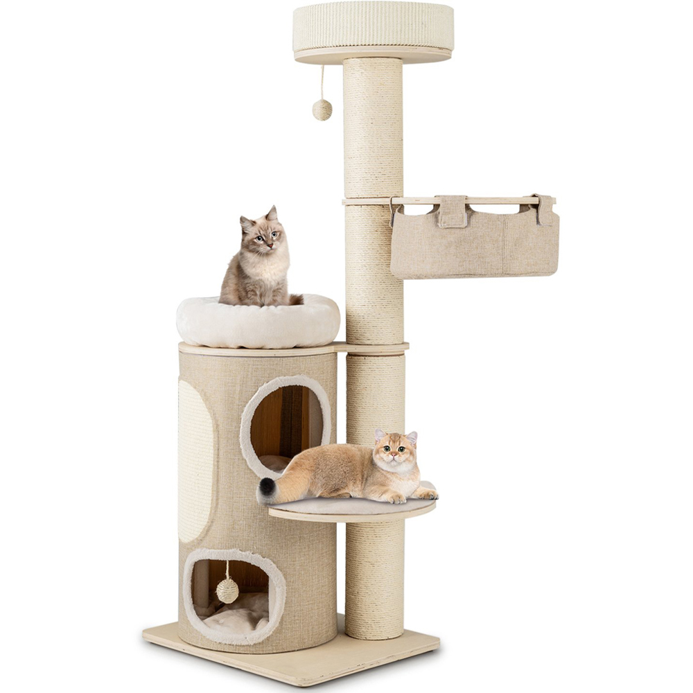 Costway Natural Multi Level Cat Tree with 2 Storey Condo 154cm Image 3