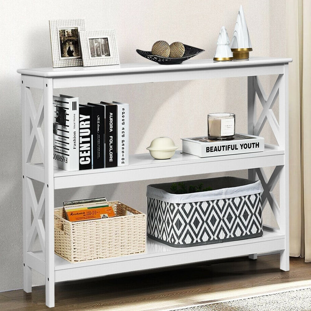 Costway 2 Shelf White Industrial Console Table Image 1