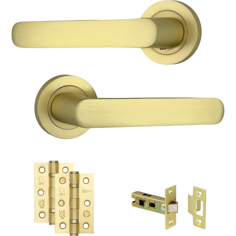 AXS Hardware Harlem Satin Brass Latch Door Handles on Rose Image 1