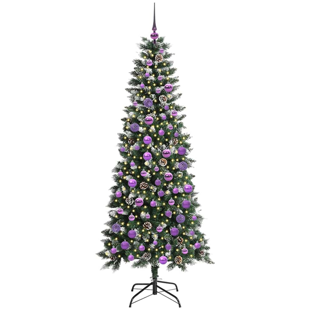 vidaXL Pre-Lit Lilac Baubles Green Artificial Snow Tipped Christmas Tree 6ft Image 1