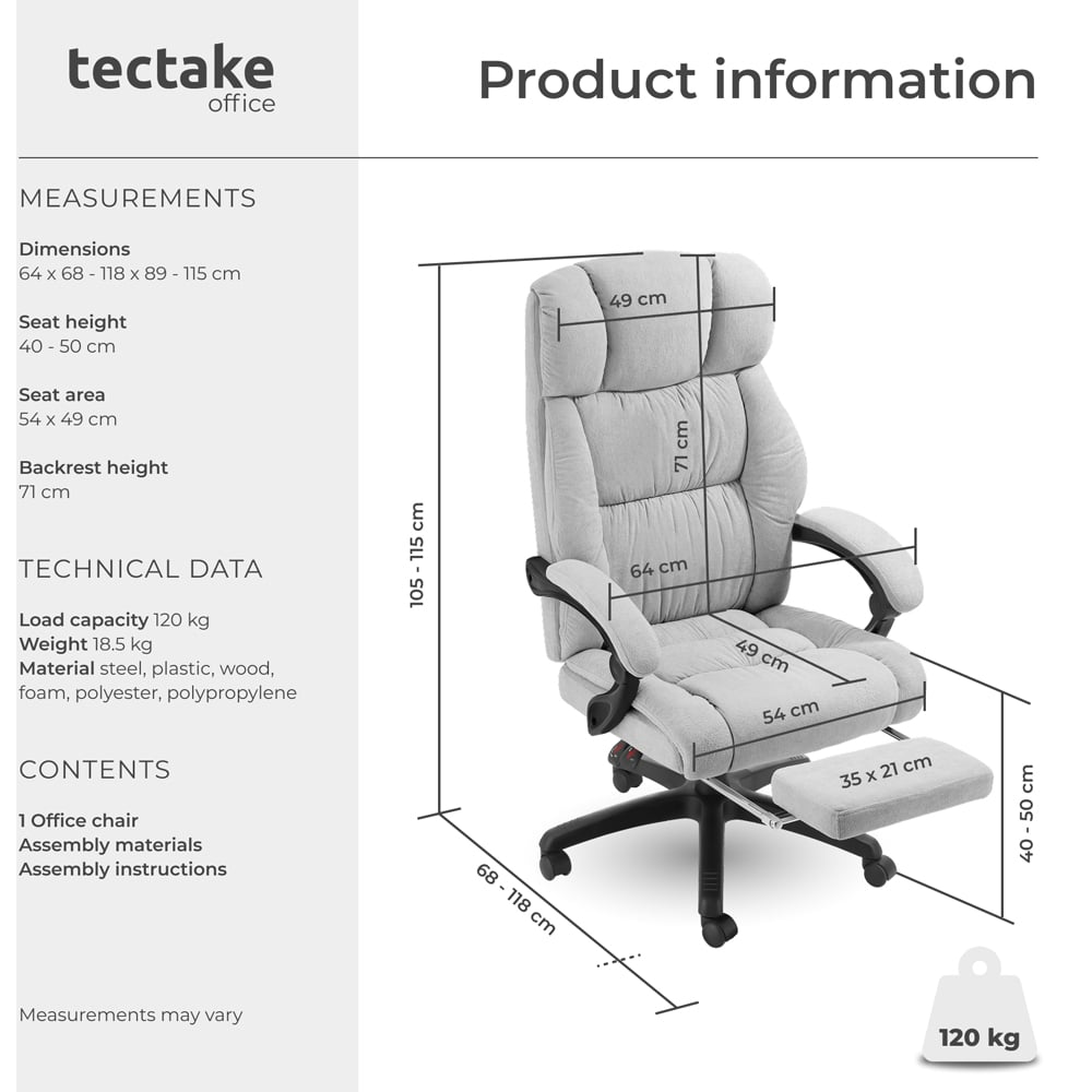 tectake Gillian Grey Office Chair with Folding Footrest Image 9