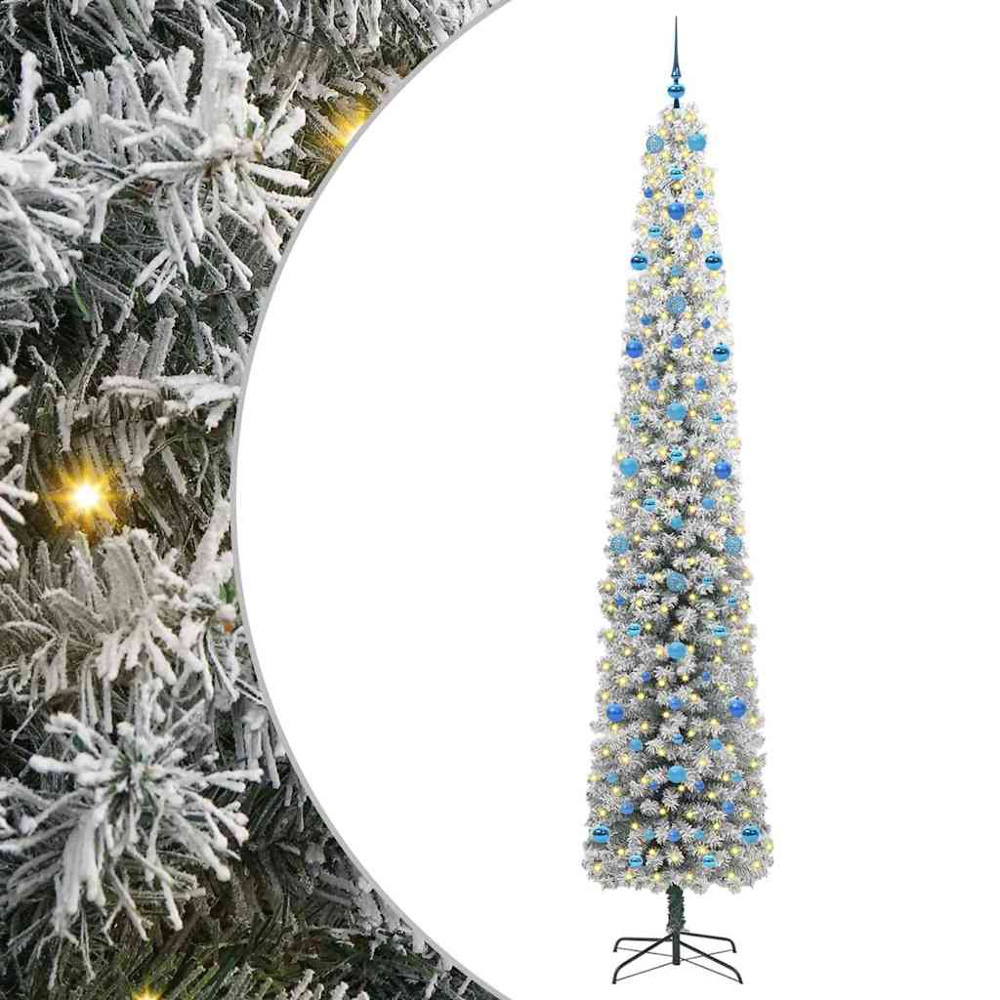vidaXL 300 LED Pre-Lit Blue Baubles Green Artificial Snow Flocked Christmas Tree 9ft Image 2