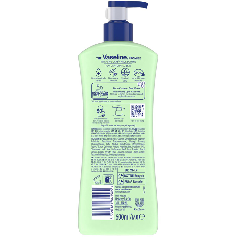 Vaseline Intensive Care Aloe Soothe Body Lotion Moisturiser 600ml 6 Pack Image 3