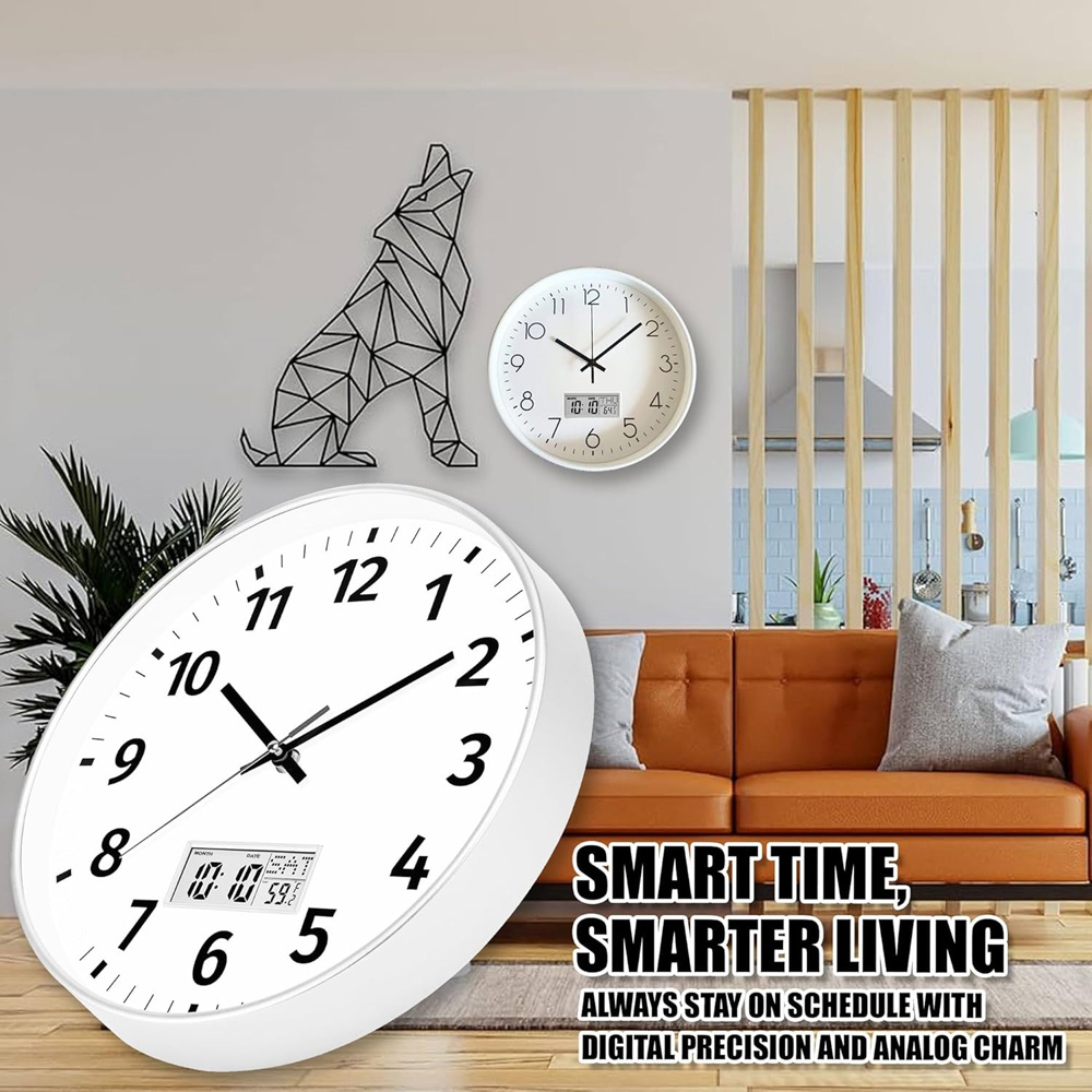 ATEK White Silver Silent Digital Wall Clock with Date Day and Temperature Display 30cm Image 5