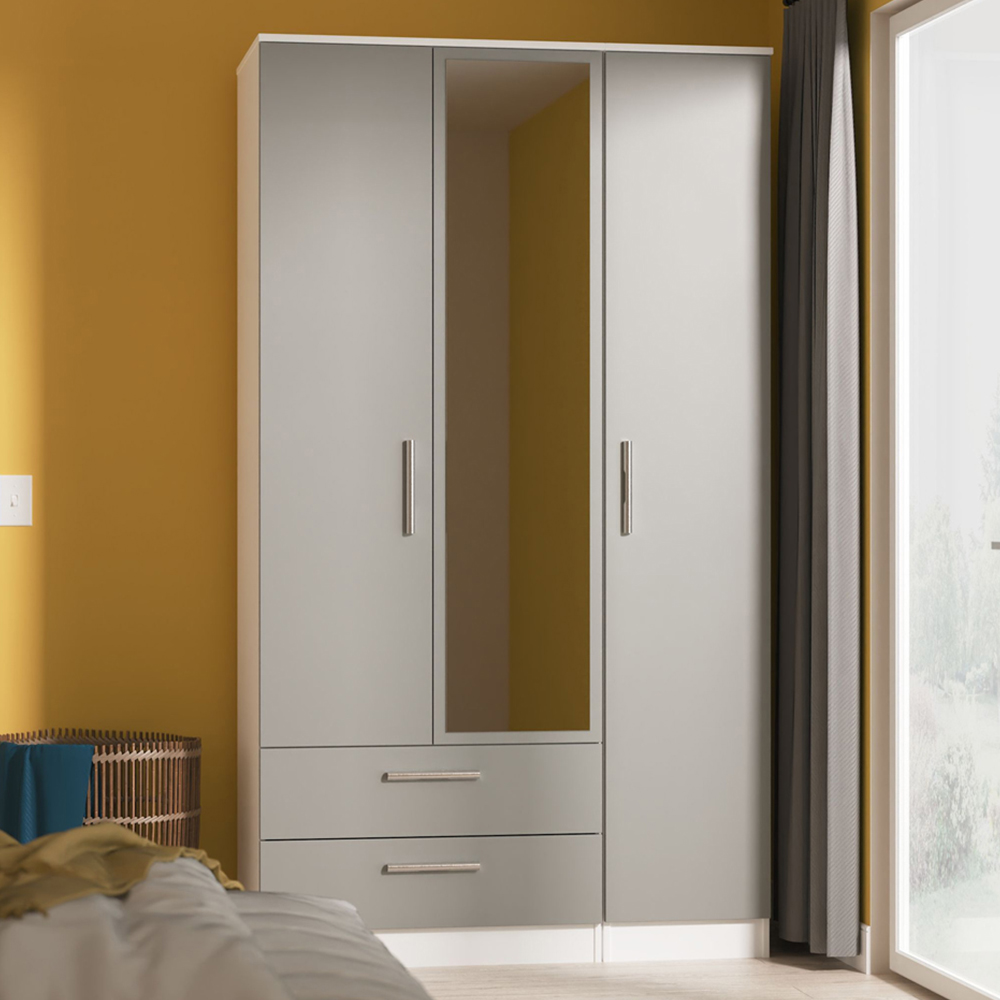 Crowndale Contrast 3 Door 2 Drawer Dusk Grey and White Tall Mirrored Wardrobe Ready Assembled Image 1